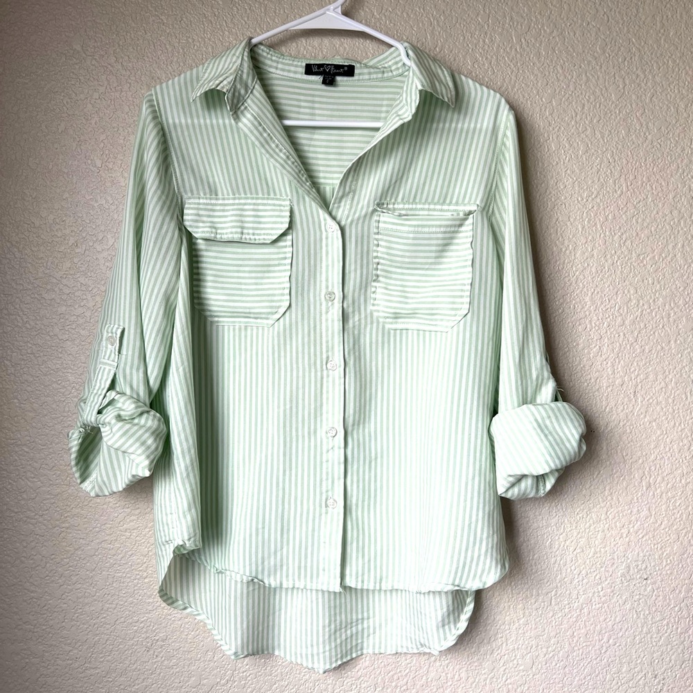 Velvet Heart Mint Green Striped Button Up Shirt, S